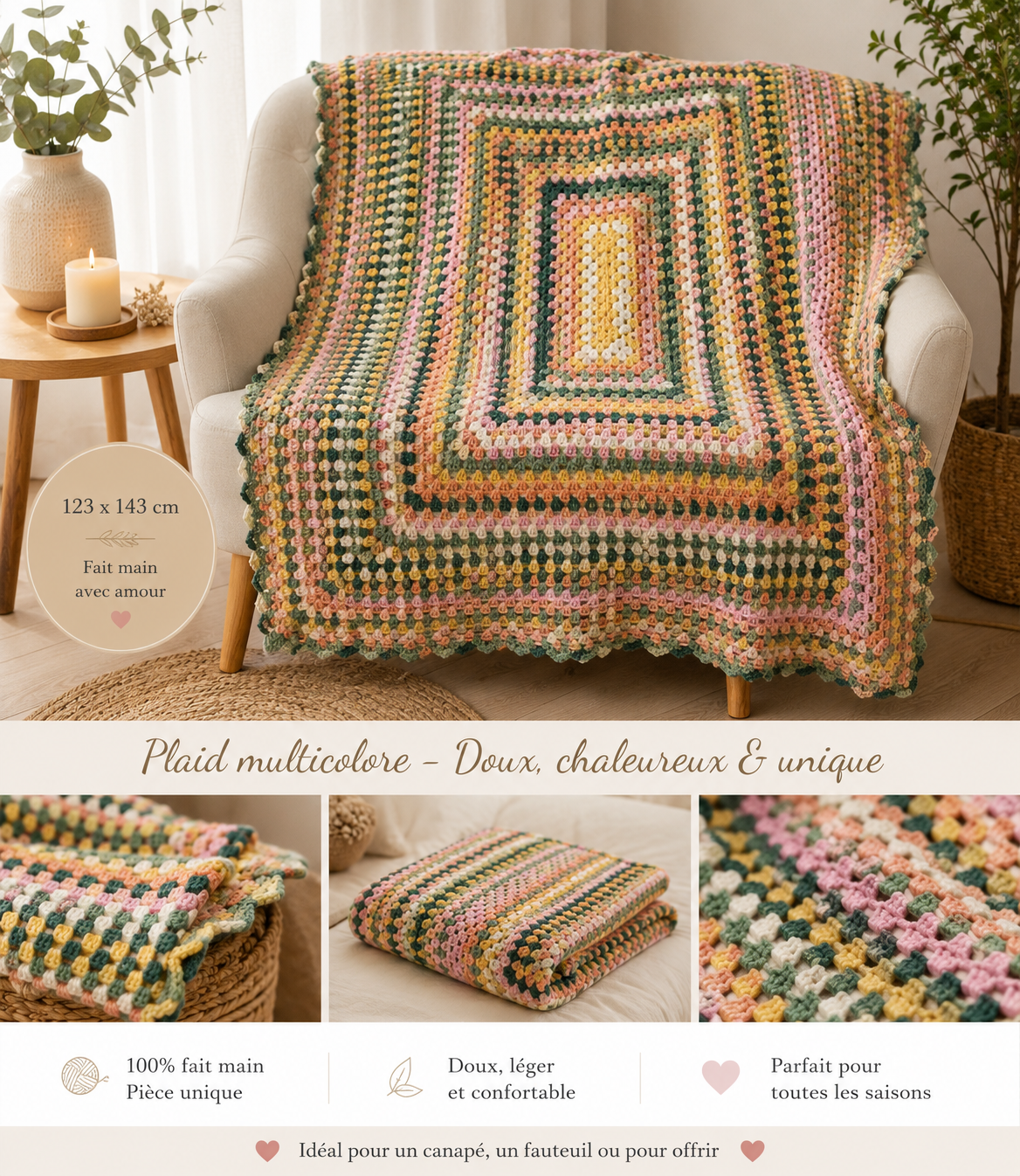 « Plaid multicolore fait main au crochet 123 x 143 cm en 100 % acrylique – Maison Calp »