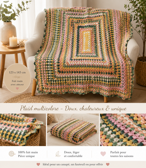 « Plaid multicolore fait main au crochet 123 x 143 cm en 100 % acrylique – Maison Calp »